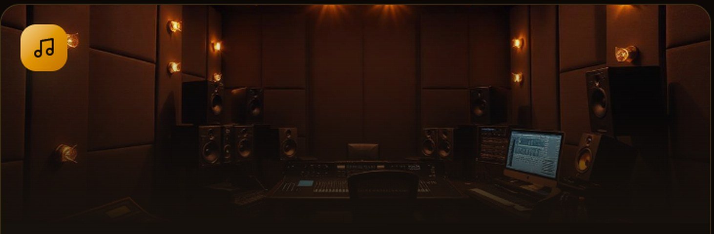 Estúdio de gravação com monitores e iluminação quente